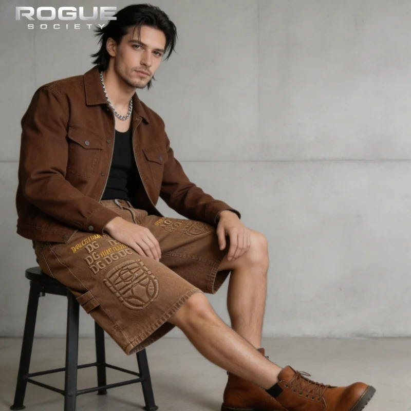 

Vintage Brown Washed Denim Shorts Men Streetwear Embroidery Letter Loose Straight Jorts Hip Hop Knee Length Baggy Summer Pants