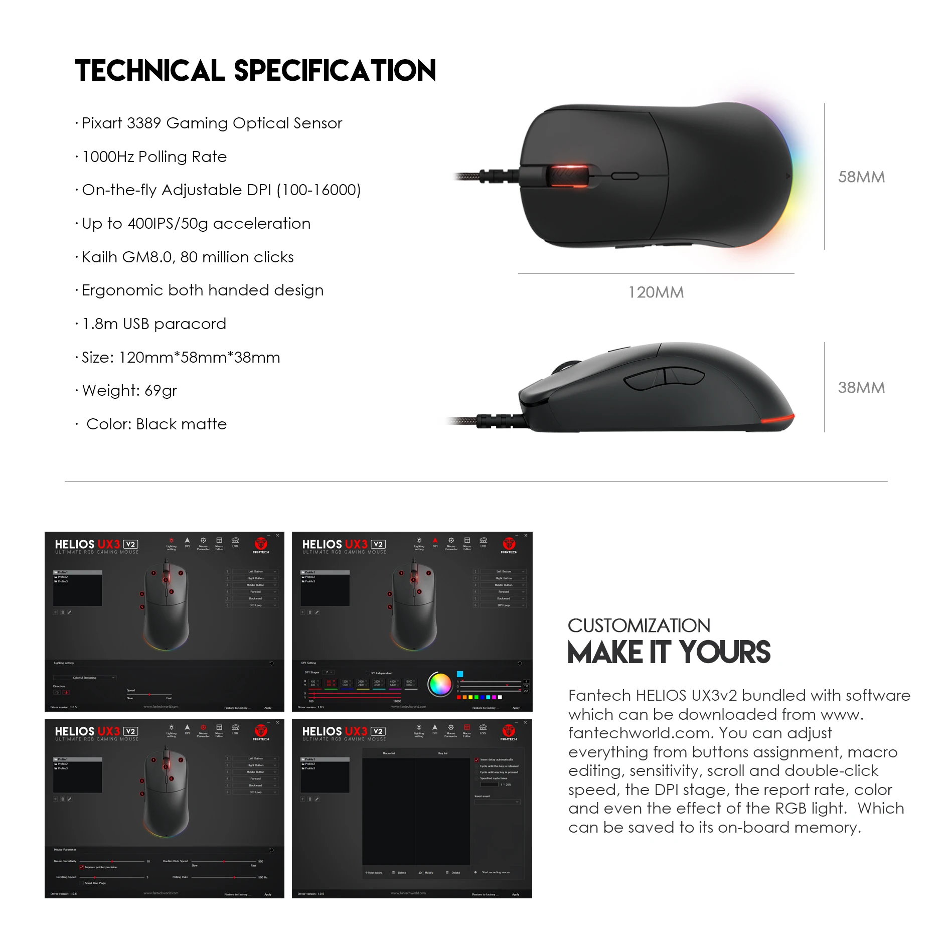 ماوس ألعاب ماكرو من Fantech HELIOS ، ماوس قابل للتعديل ، ماوس سلكي ، من من من Fantech Hz ، PMW ، 80 مليون مفتاح Kailh ، UX3v2