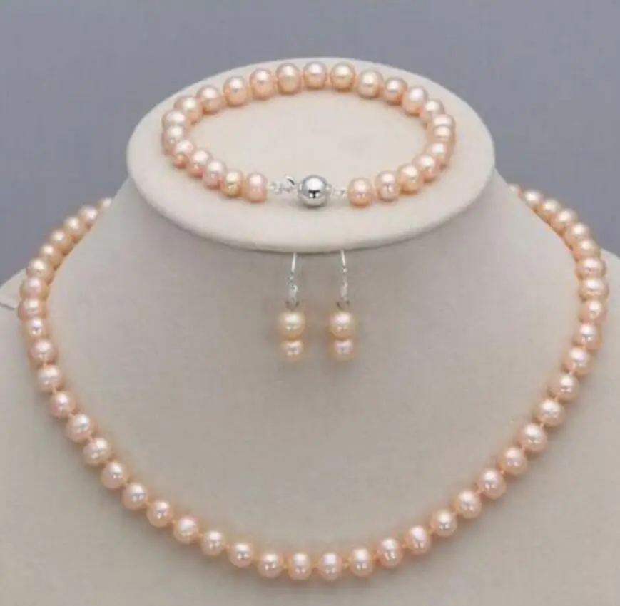 

new hot Genuine 6-7mm Natural Pink Freshwater Pearl Necklace Bracelet Hook Earrings Set