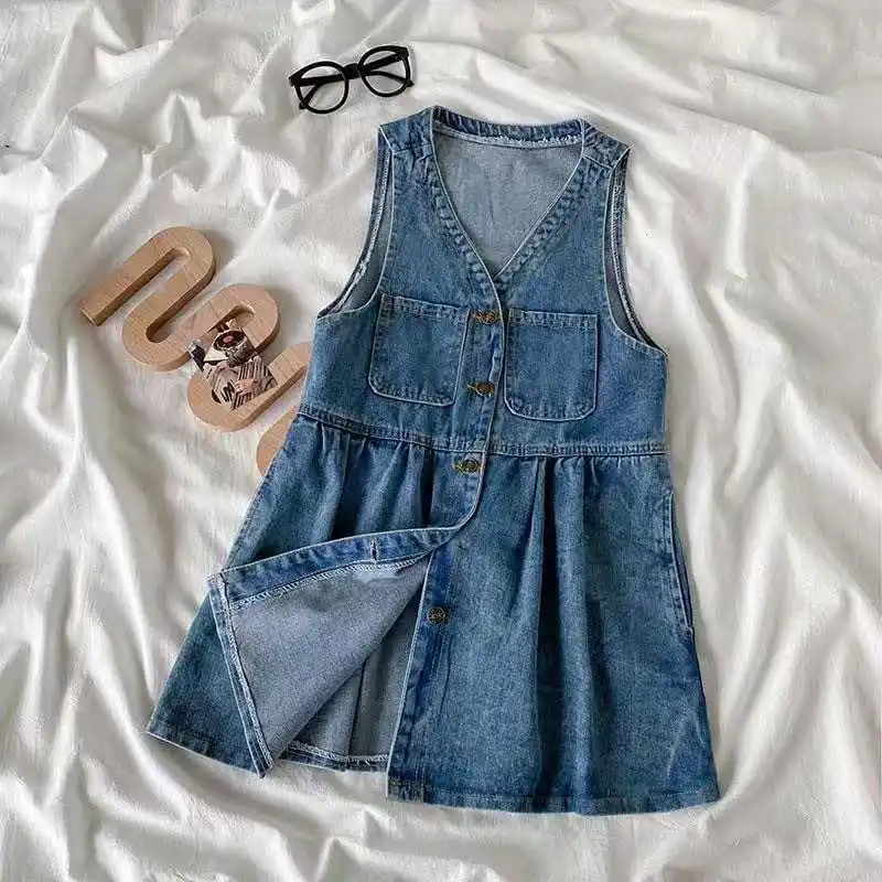 

Slimfit denim dress for women Summer sleeveless A-line high-waisted skirt Solid-color single-breasted simple commuter dr