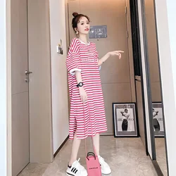 Spring Summer Striped Short-sleeved Dress Nightgown Mid-length Dongdaemun Korean Clothing Fashion Simple Elegant Formal pajamas