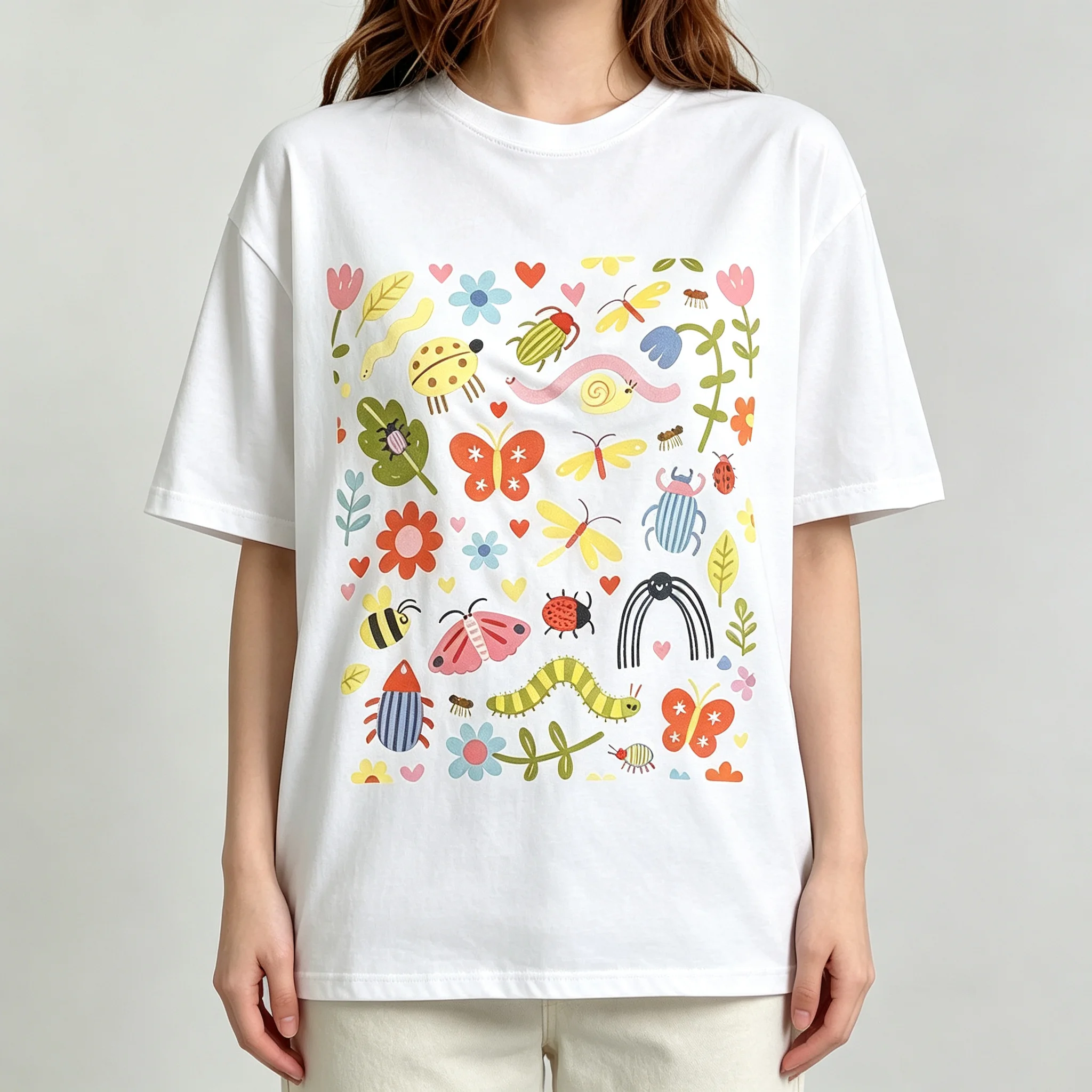 Cute Bugs Insects Floral Graphic T‑Shirt Women Casual Loose Short Sleeve Tee Colorful Butterfly Bee Snail Print Summer Tops