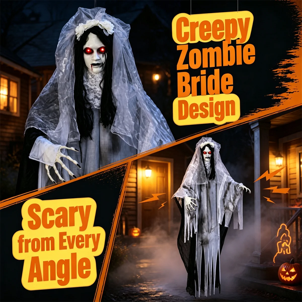 6FT Life Size Hanging Ghost Bride Halloween Decoration, Sound Activated Animated Prop with Glowing Red Eyes & Poseable Arms for Porch Haunted House Party Decor