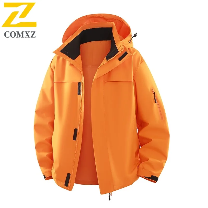 Comxz jaqueta masculina de alta qualidade, cor sólida, multibolsos, viagem, caminhadas, corta-vento, acampamento, bonito, casaco com capuz