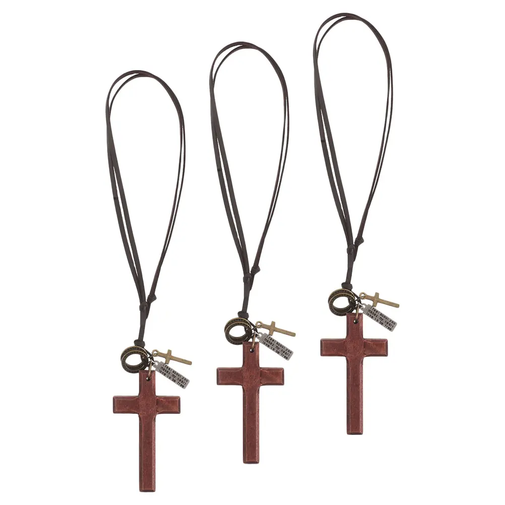 

3pcs Wooden Cross Charm Vintage Religious Car Hanging Ornament Automotive Interior Mirror Pendant Decoration Rearview