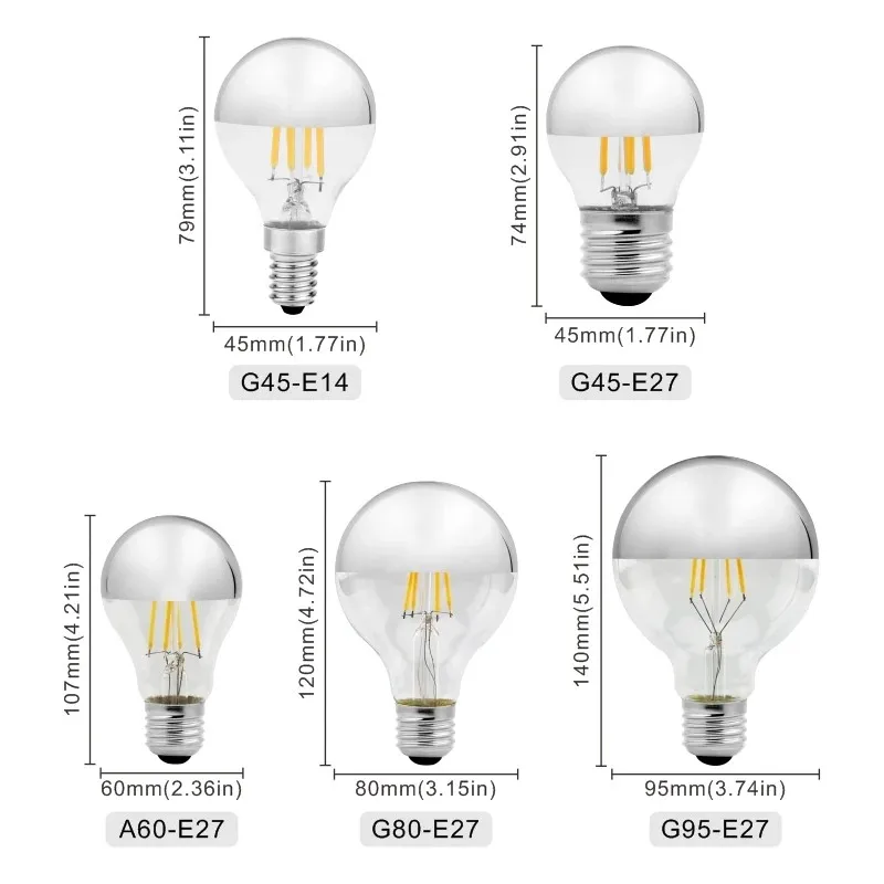 E14 E27 Mirror Silver Vintage Edison LED Bulb 4W G45 A60 ST64 G80 G9 Retro Filament Lampada LED Lamp Warm White Lighting AC220V