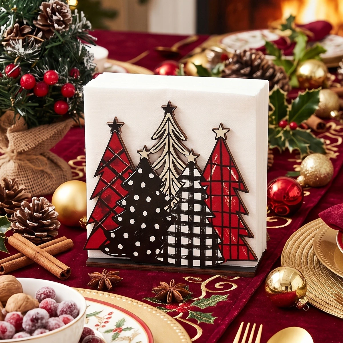Xmas Wooden Napkin Holder Plaid Dot Christmas Tree Table Decor Tissue Holder For Dining Table Holiday Party Tabletop Decoration