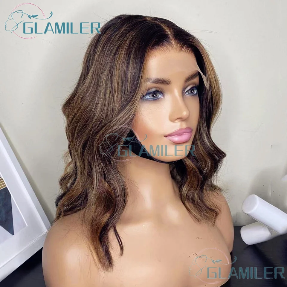 

Highlight Brown Blonde Short Bob Body Wavy Human Hair Silk Top Lace Front Wigs Bleached Knots 360/13x6 Lace Front Human Hair Wig