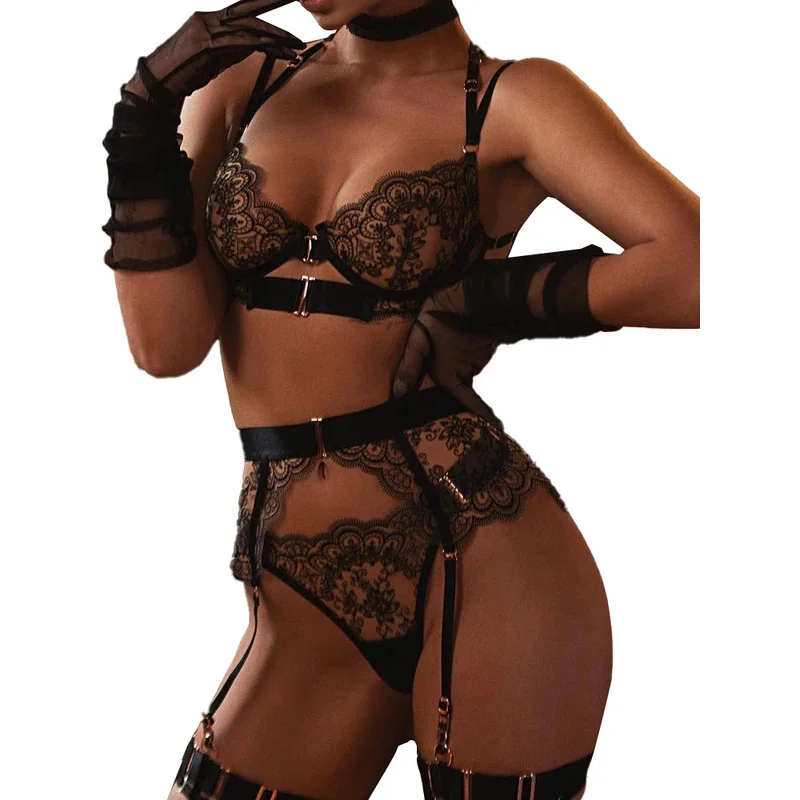 

2026New Erotic Set See-Through Embroidered Sexy Eyelash Lace Body Shaping Lingerie Five-Piece Set Women Onlyfan