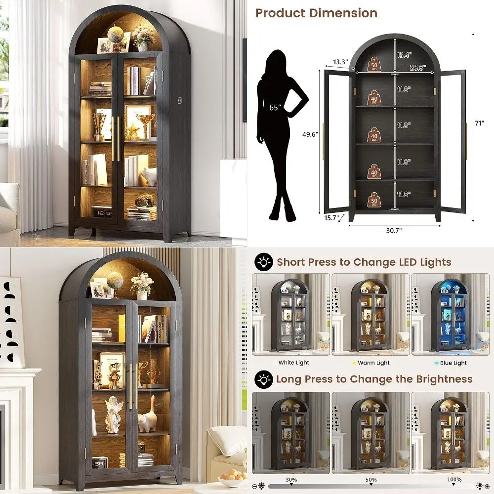 Armario Alto Arqueado con Puertas de Vidrio, 69 Armarios de Almacenamiento con Puertas Acanaladas y Estantes Ajustables, Estilo Moderno de Mediados de Siglo