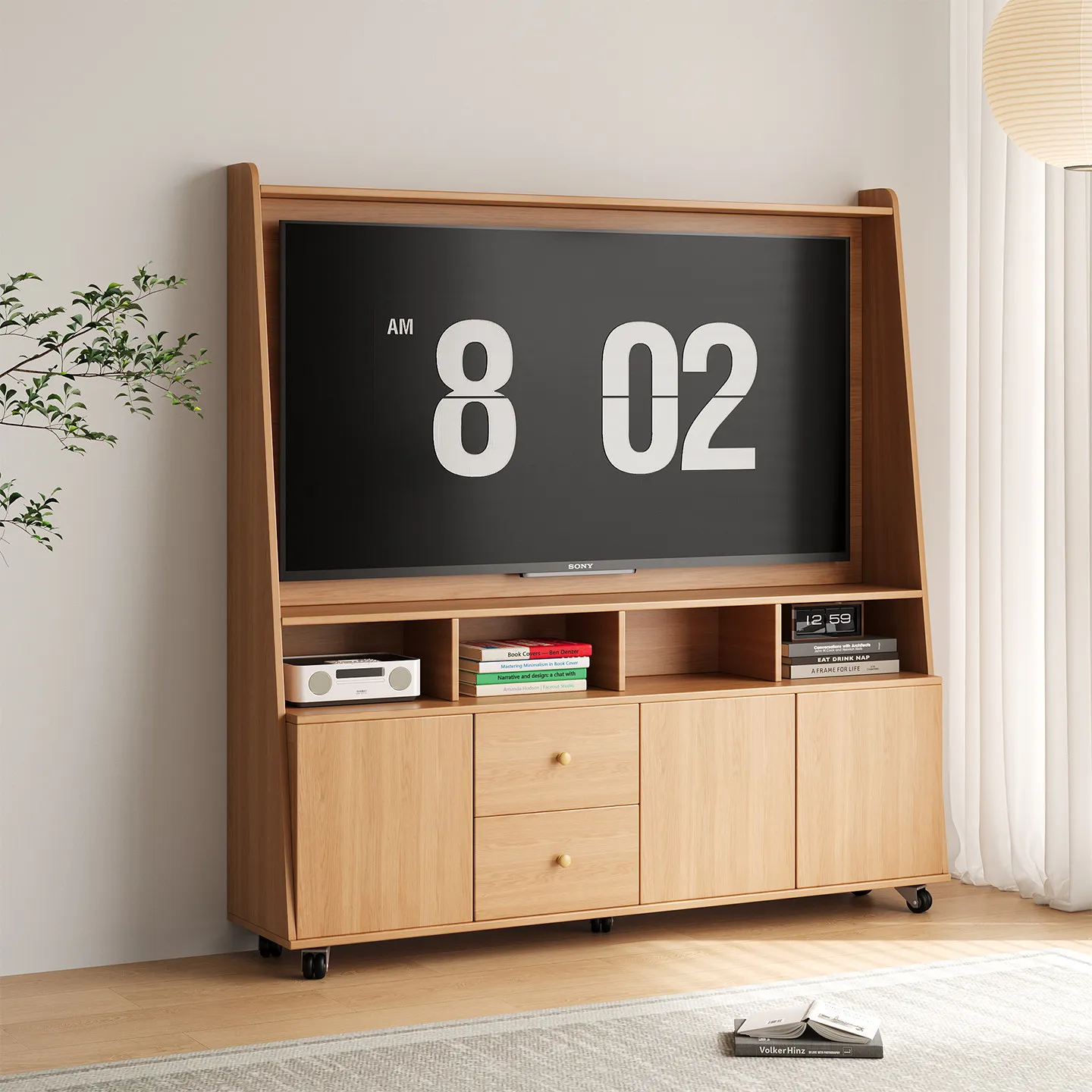 Modern simple mobile TV cabinet storage locker integrated floor small apartment TV bracket cabinet solid wood customization