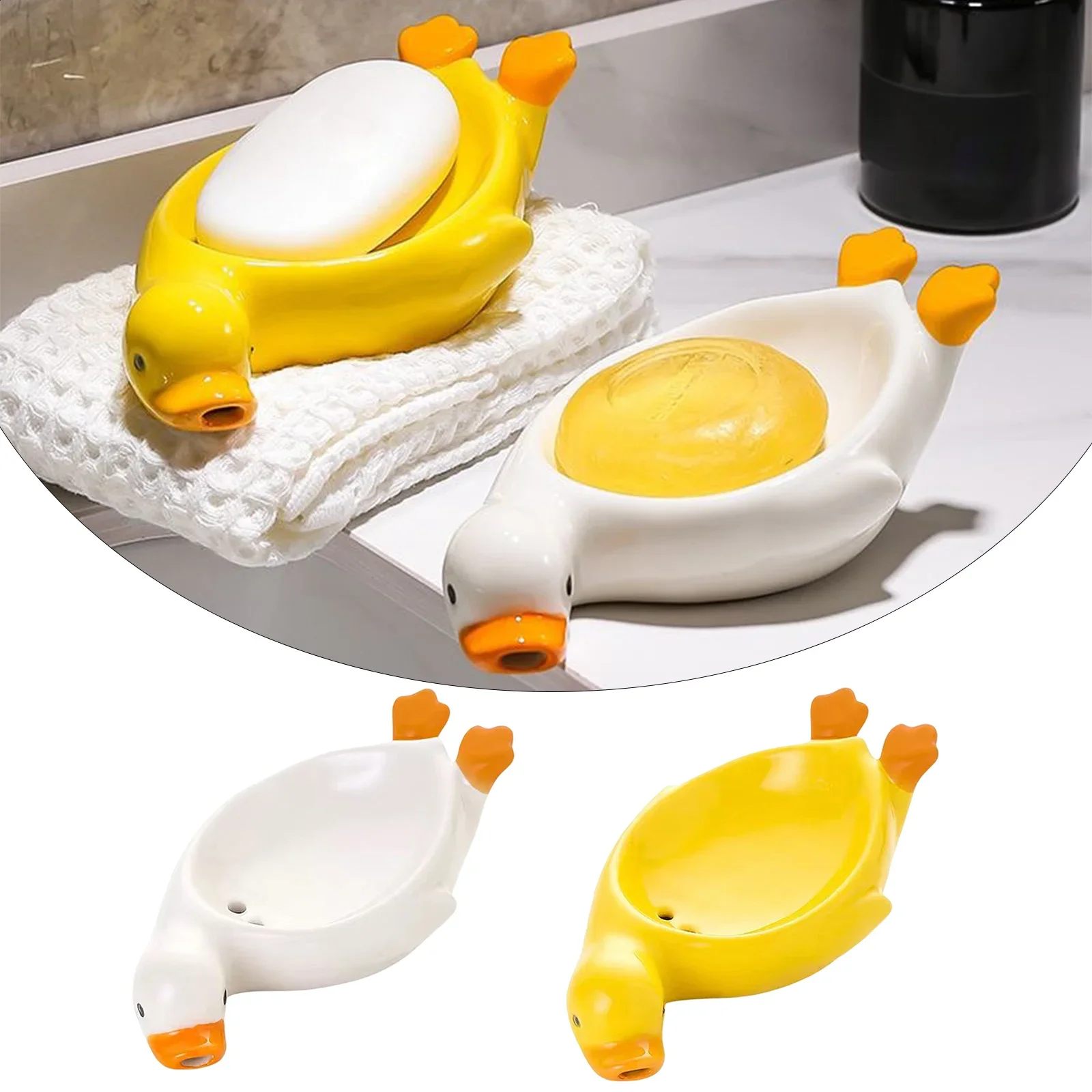 Soporte de almacenamiento de jabón de pato, soporte de esponja de cerámica drenable para fregadero, organizador de encimera, suministros de baño reutilizables portátiles