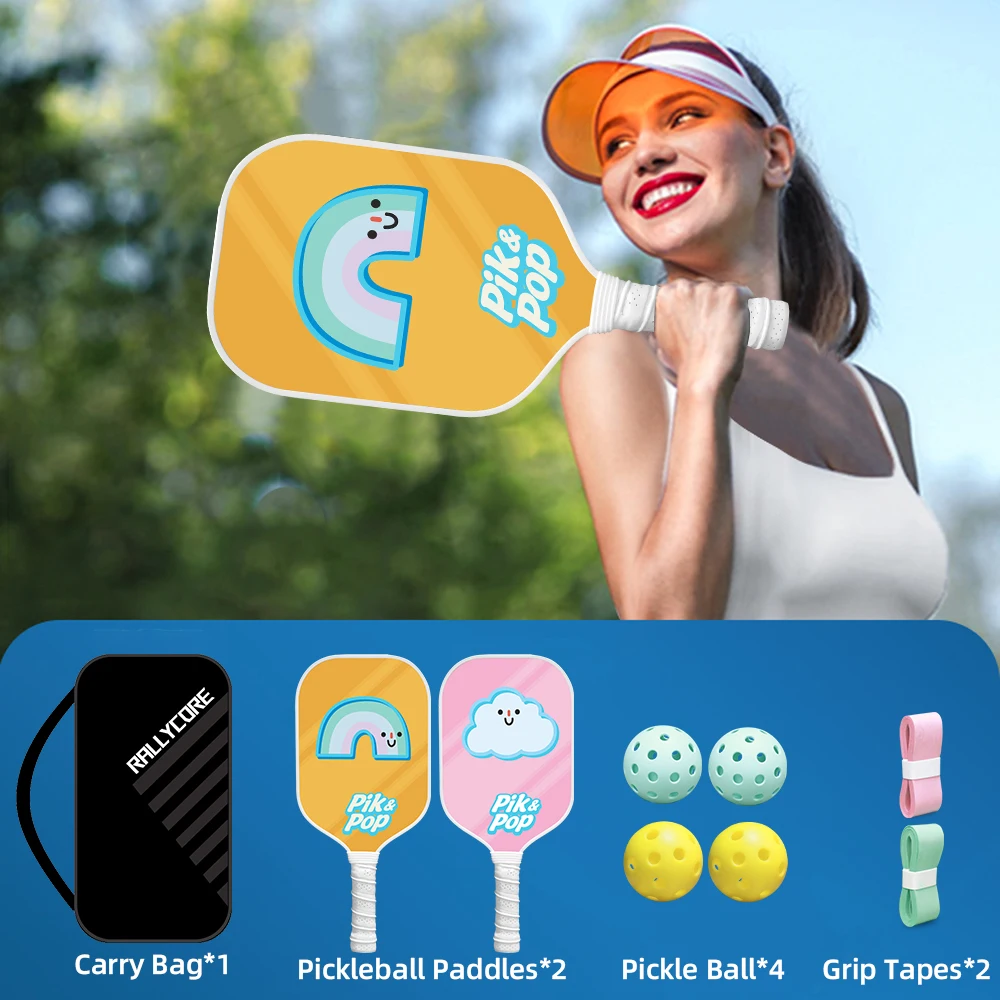 

Полный набор для пиклбола: 2 ракетки из стекловолокна, широкий профиль для контроля, 4 мяча, сумка для переноски и ленты для рукояток.