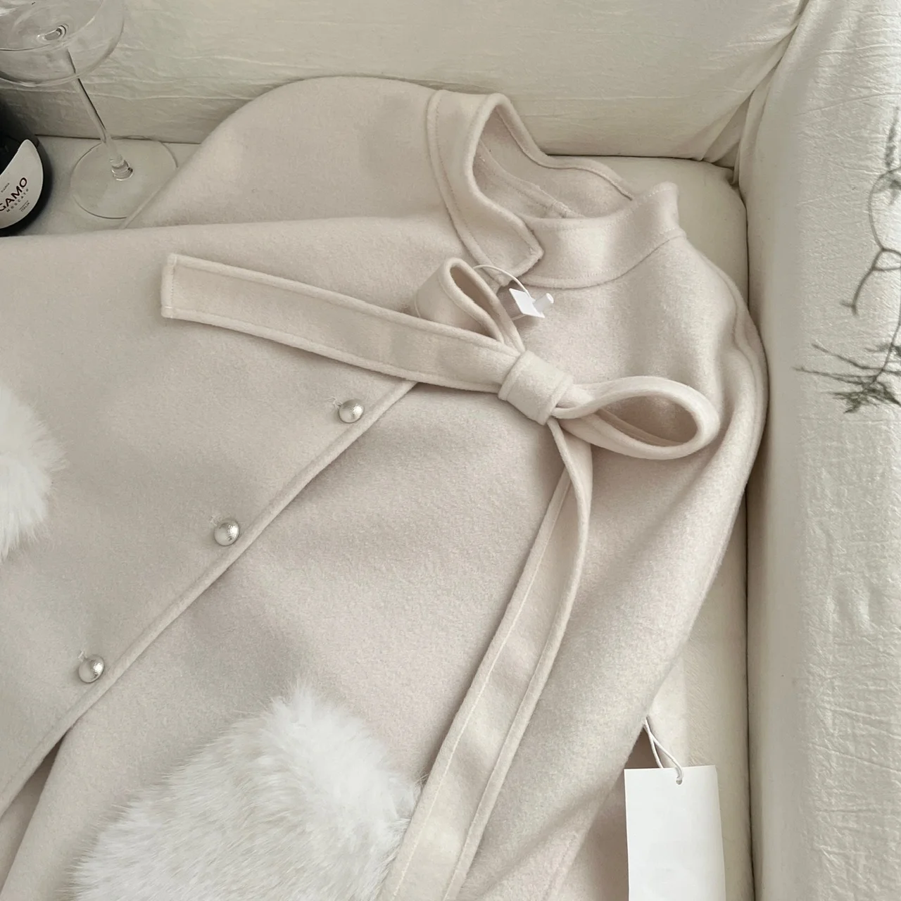 Cappotto di lana legato con nodo dolce per donna con ciambelle in pelliccia Cowl Camere double face Ne Open Sle Capispalla primaverile