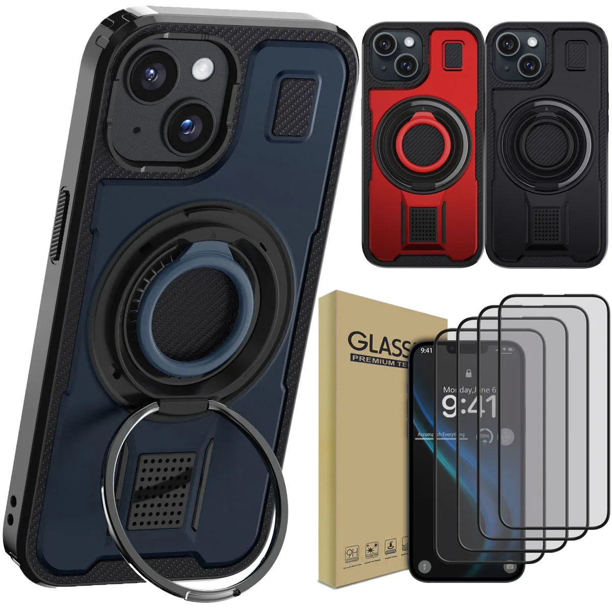 

For iPhone 14/14 Plus/14 Pro/14 Pro Max Case Kickstand Shockproof Cover And 4pcs Full Coverage Tempered Glass Screen Protectors