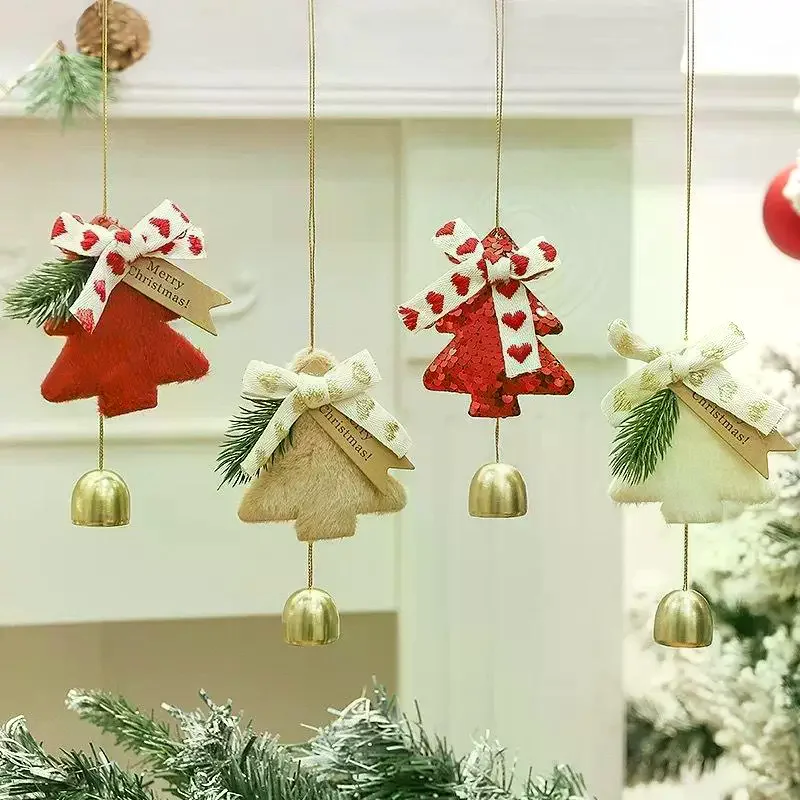 Cute Plush Sequin Christmas Tree Hanging Ornaments With Bow Golden Bell For Xmas Home Party Window Decoration