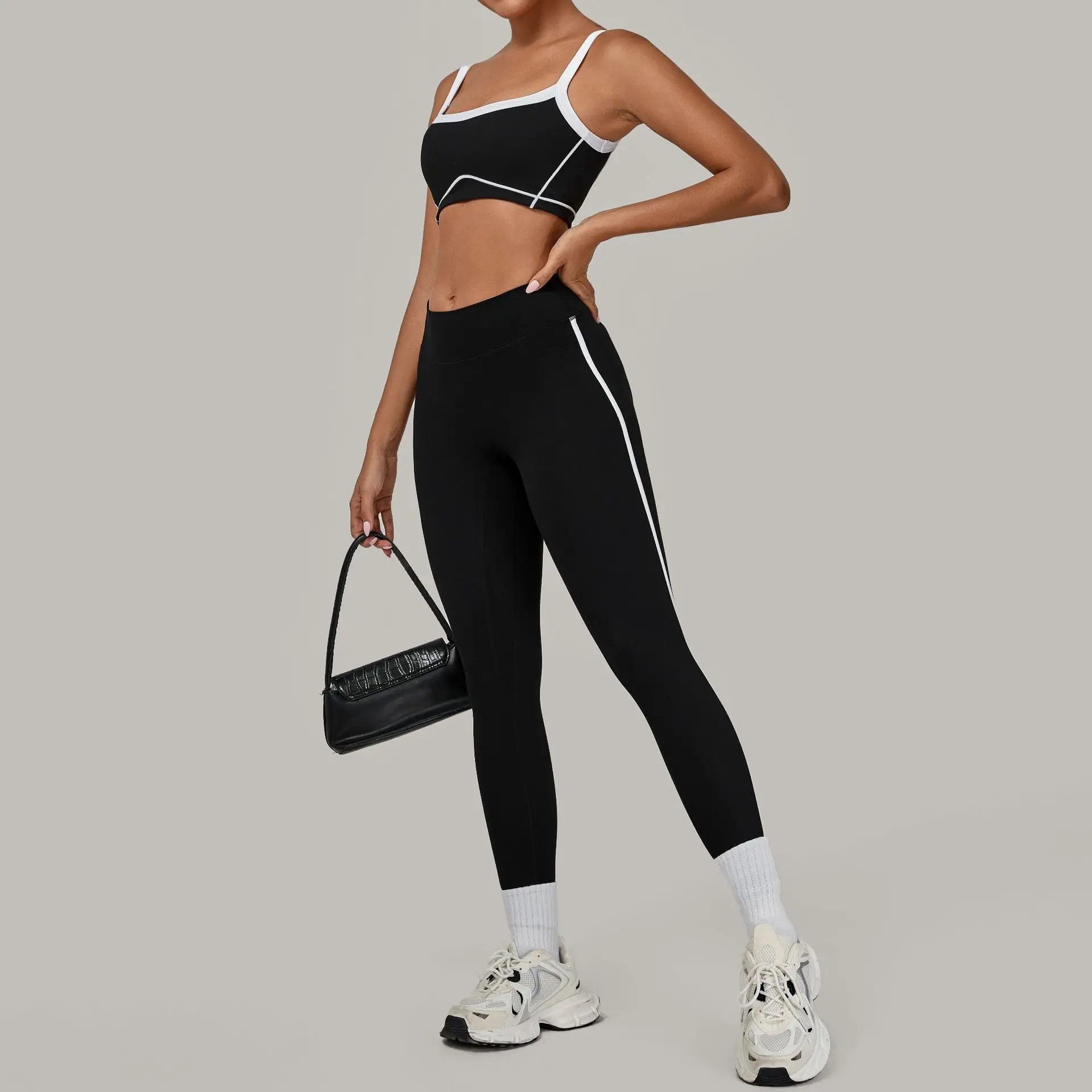 Yoga Suit Sports Fitness High Waist Tight Thin Contrasting Color Splicing Outdoor Running Breathable Pant Sports Bra 2-piece Set