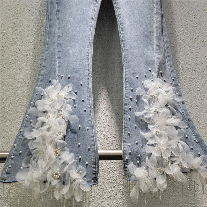 [zoci] Heavy Industry Flower Design Micro Horn Jeans Women Autumn, High Waist, Skinny Elastic Nail Bead Nine Point