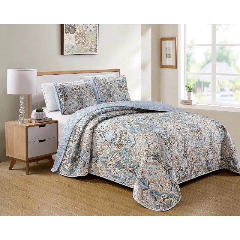 Luxury Home Collection 3 Piece  Quilted Reversible Coverlet Bedspread Set Floral Printed