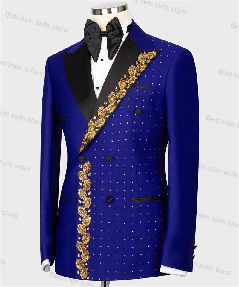 Pearls Blue Men Suit Set 2 Pieces Blazer+Pants Formal Groom Wedding Prom Party Dinner Tuxedos Jacket Coat Trousers Custom Made