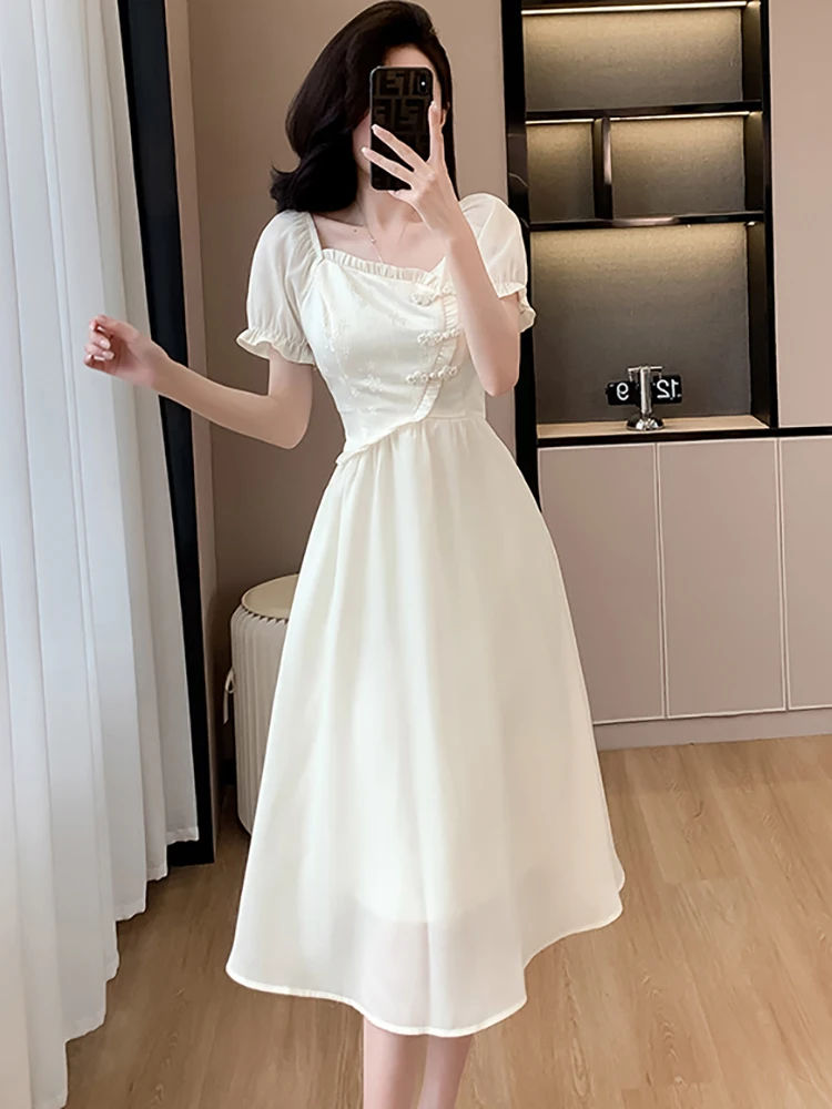 2025 New White Chiffon Chic Ruffled Sqaure Collar Midi Dress Women Elegant Casual Puff Sleeve Dress Summer Korean Bodycon Dress