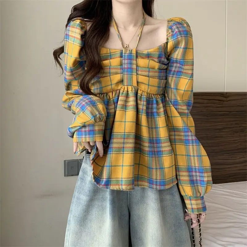 DAYIFUN Square Collar Checkered Shirt for Women Neck Hang Slim Fit Women's Long Sleeve Blouses Spring/Autumn Girl's Pullover Top