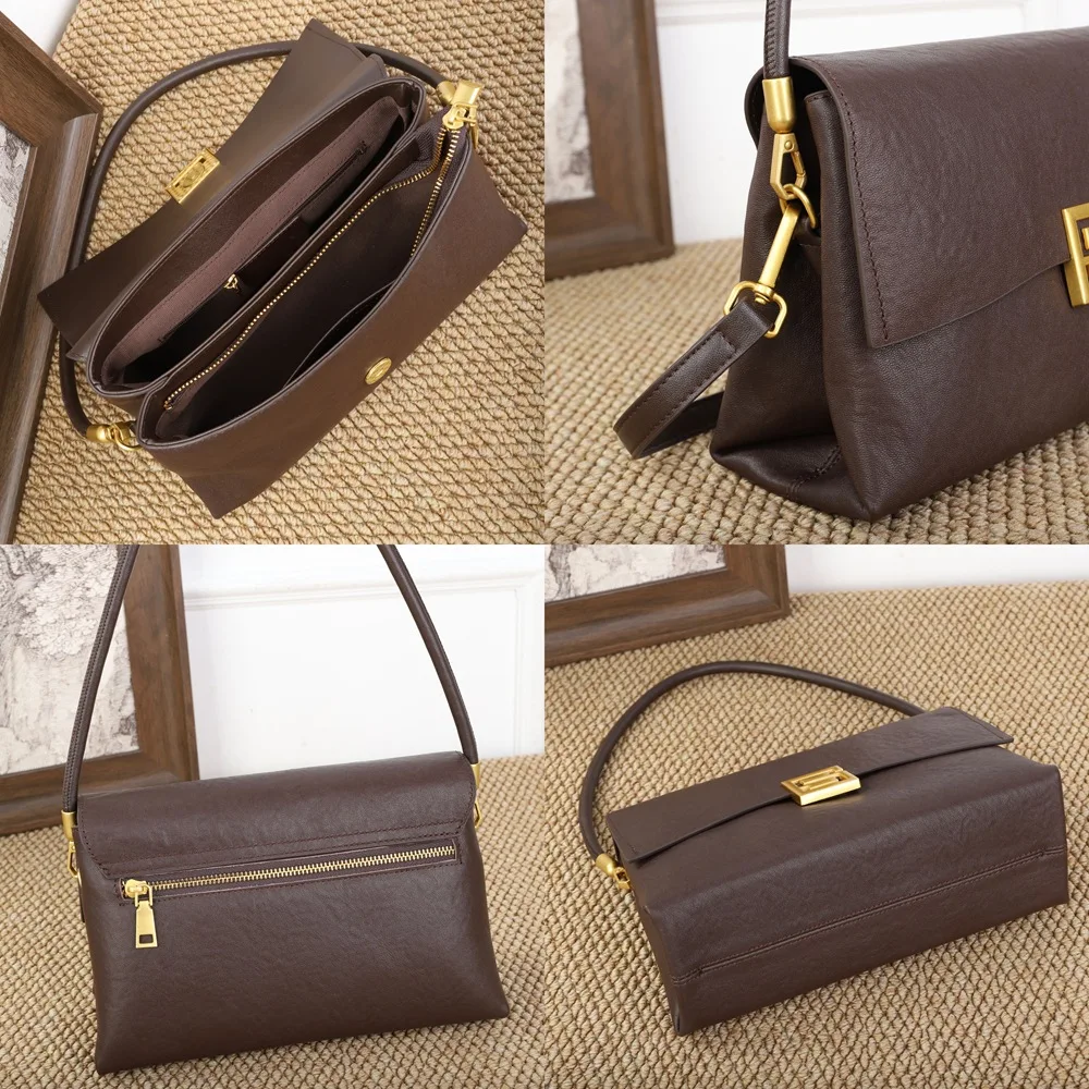 Vintage Vegetable Tanned Cowhide Leather Bag for Women Genuine Leather Shoulder Bag Convertible Crossbody Handbag High Quality