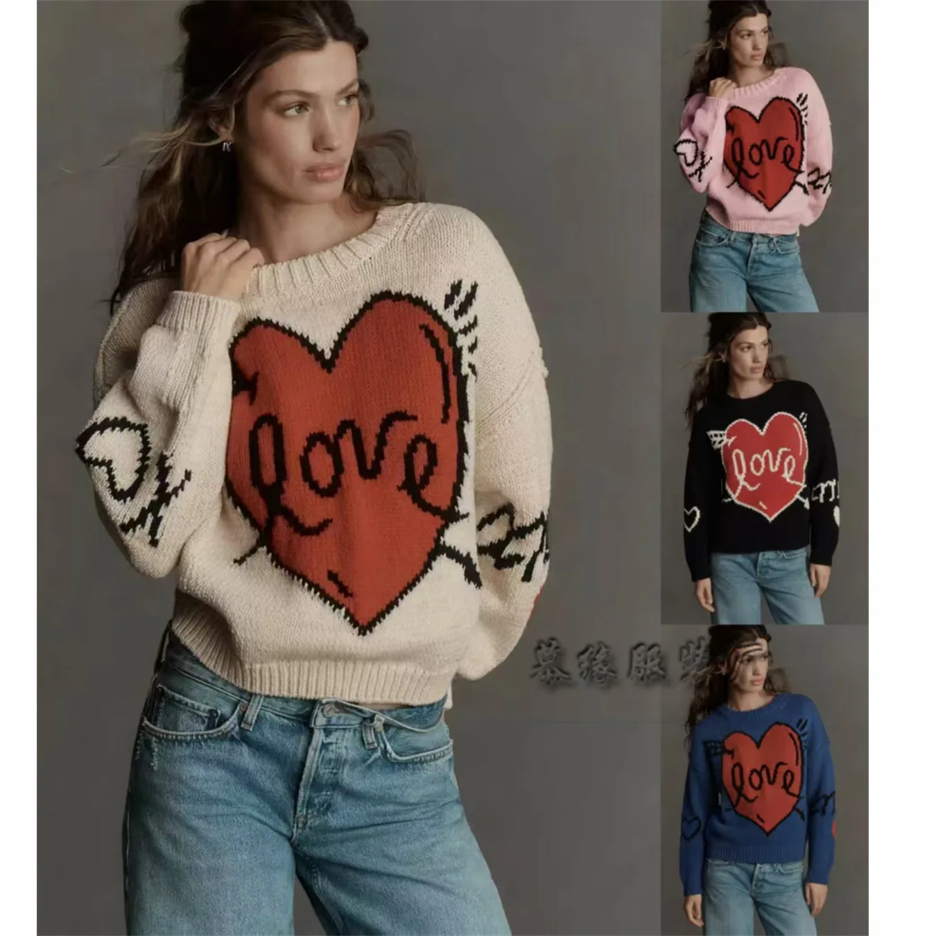 2026 Autumn Winter Couple Knit Sweater Round Neck Heart Pattern Long Sleeve Loose Pullover Soft Warm Knit Top Casual Matching