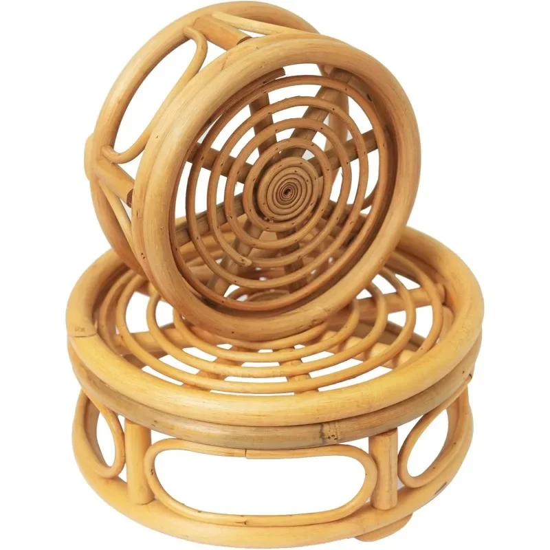 

Set of 2 Bohemian Rattan Woven Round Decorative Riser Plant Station Interiors, Medieval Minimalist Modern Plant Station, Wicker