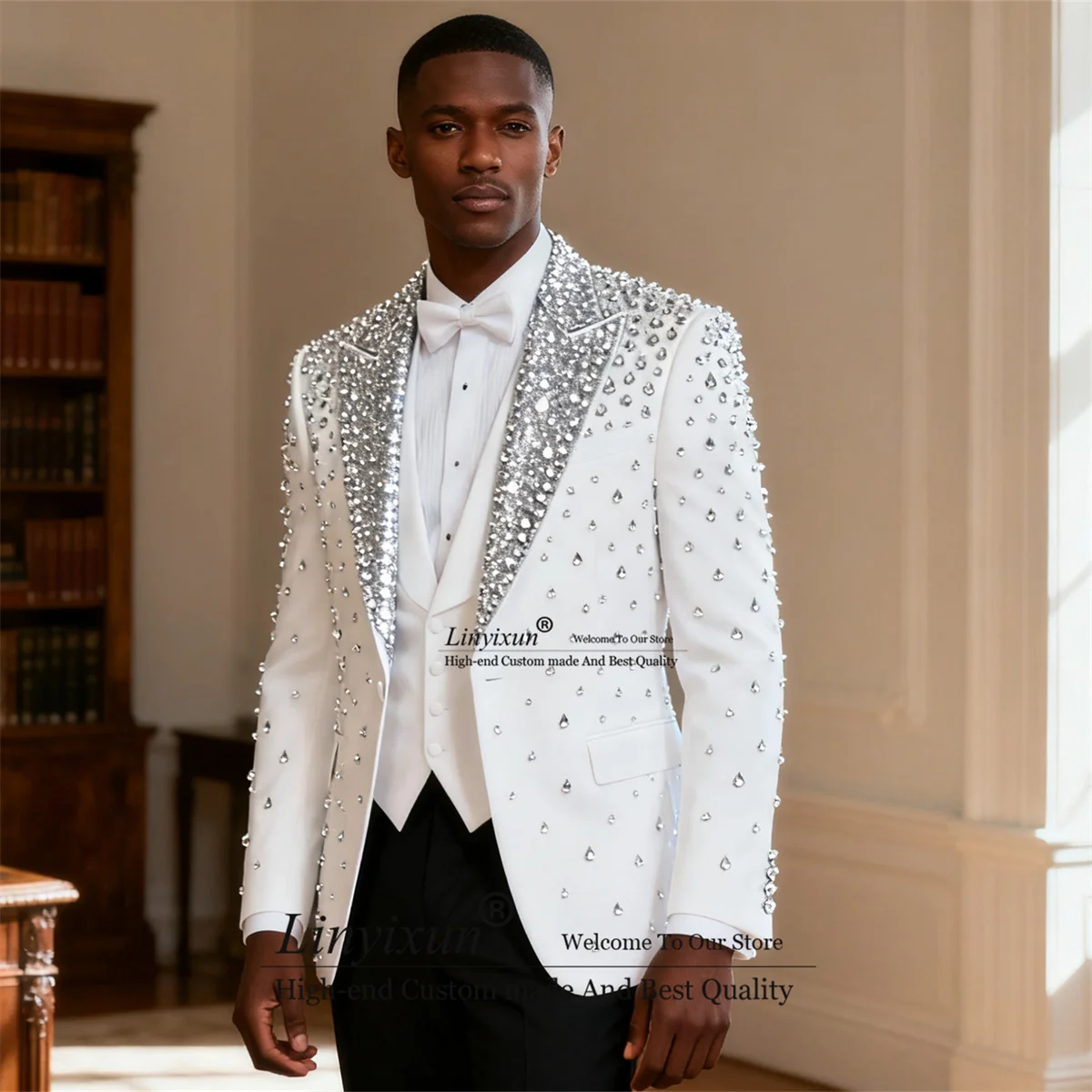 

Glitter Sequins Lapel Men Suits 3 Piece Sets Male Prom Blazers Customized Wedding Rhinestones Diamond Tuxedo Groom Costume Homme