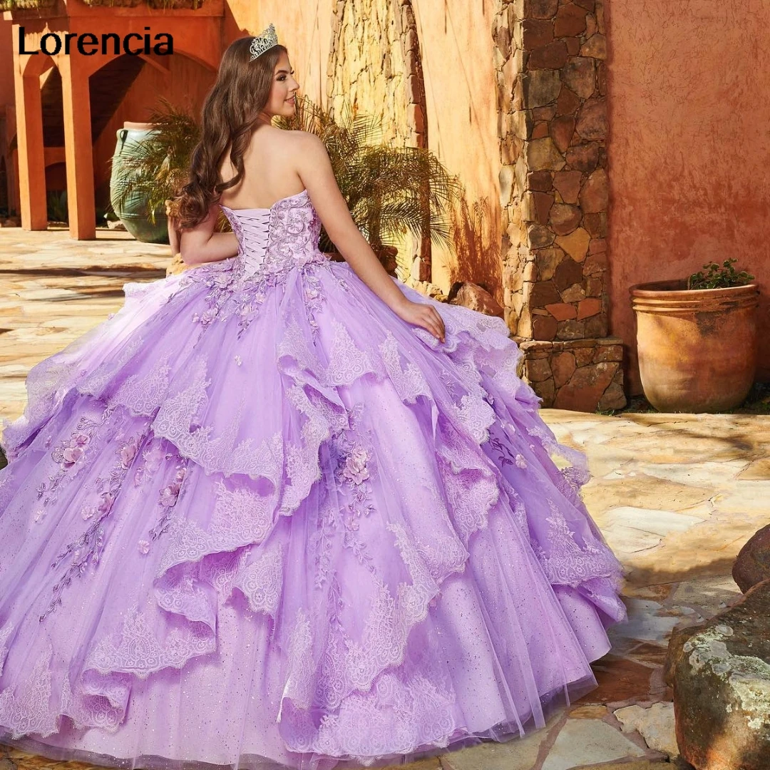 Aangepaste Lila Quinceanera Jurk Baljurk 3D Kant Applique Kralen Tiered Corset Sweet 16 Vestidos De 15 Años YQD833