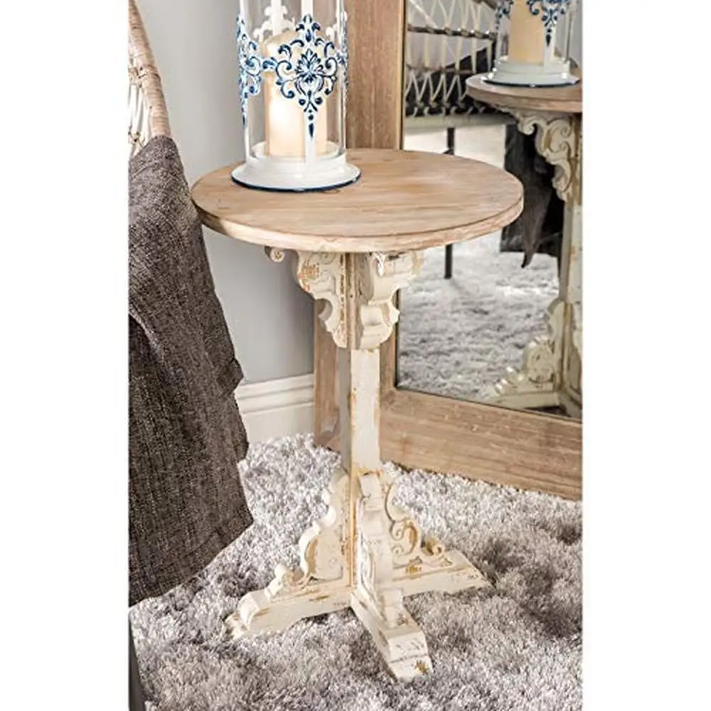 

Rustic White Wood Carved End Table Farmhouse Furniture Intricately Floral Accent Table 16"x16"x23" Brown Wood Top X-Shape Legs