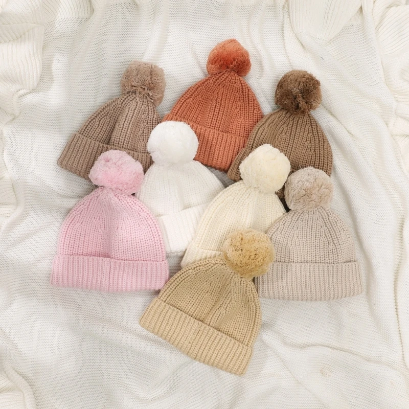 

Knitted Winter Warm Hat Baby Hat Cotton Elastic Crochet Hat with Pompoms Bonnet Caps for Newborn Toddler 0-6 Month QX2D