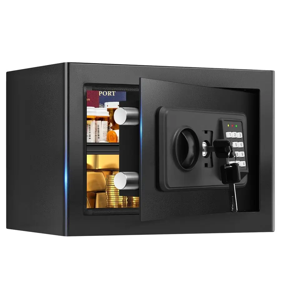 

Small Safes for Home Use, Digital Security Safe Box with Combination Lock, Spare Keys and Removable Shelf, Steel Lock Box Money