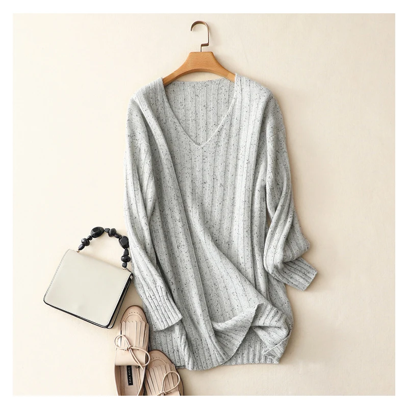 ribbed knit oversized luxury soft 100% cashmere v neck sweaters women long sleeve