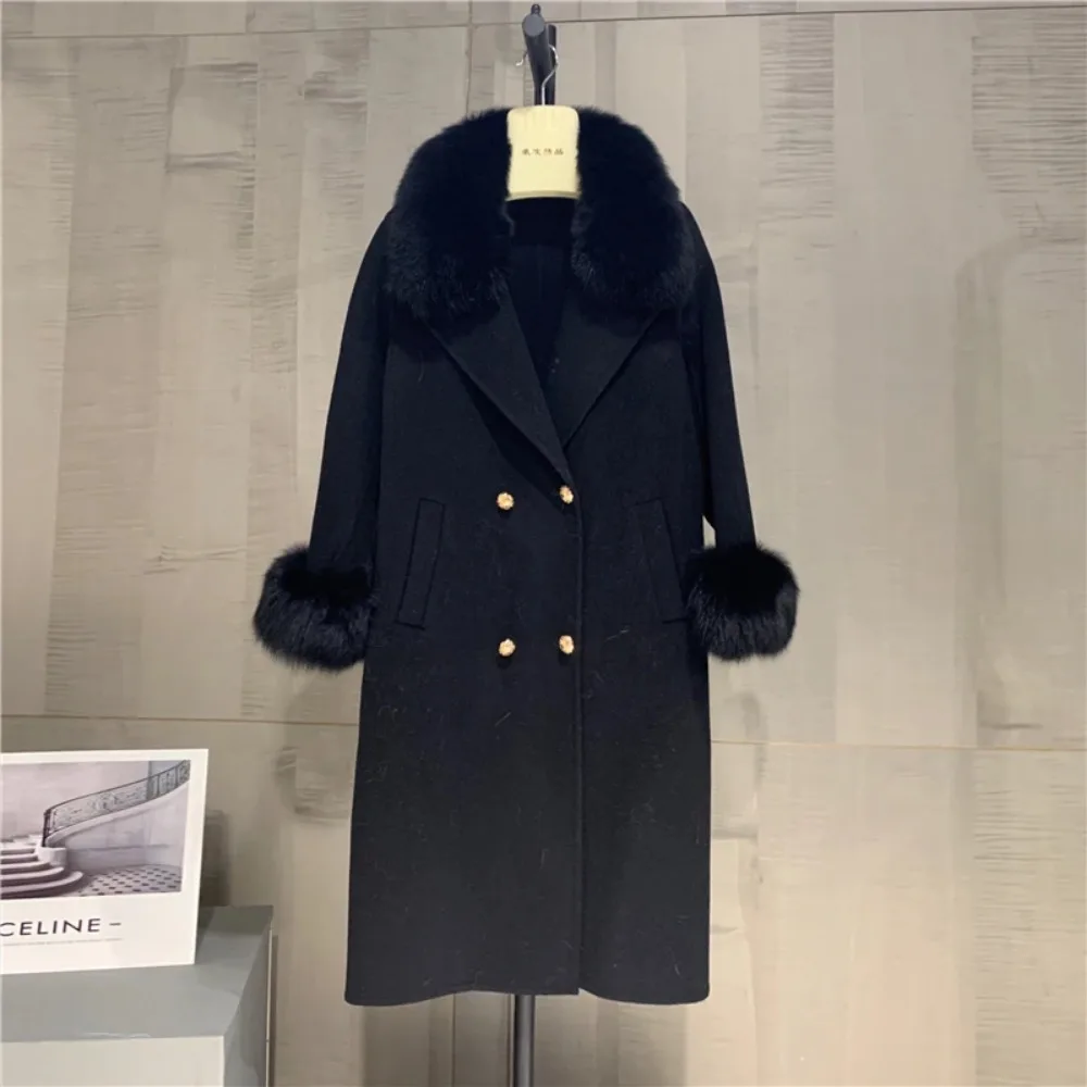 Giacca lunga di lana 2024 Donna Grande vera pelliccia di volpe Collo Moda Inverno Cashmer Cappotto misto Doppio petto Cintura Outwear Polsini