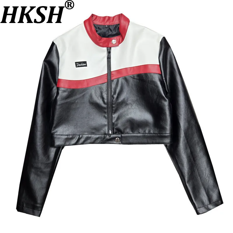 

HKSH Spring Autumn New Women Leather Baseball Coat Contrast Color Patchwork Moto Biker Short Jacket Zipper Panelled Tops HK12774