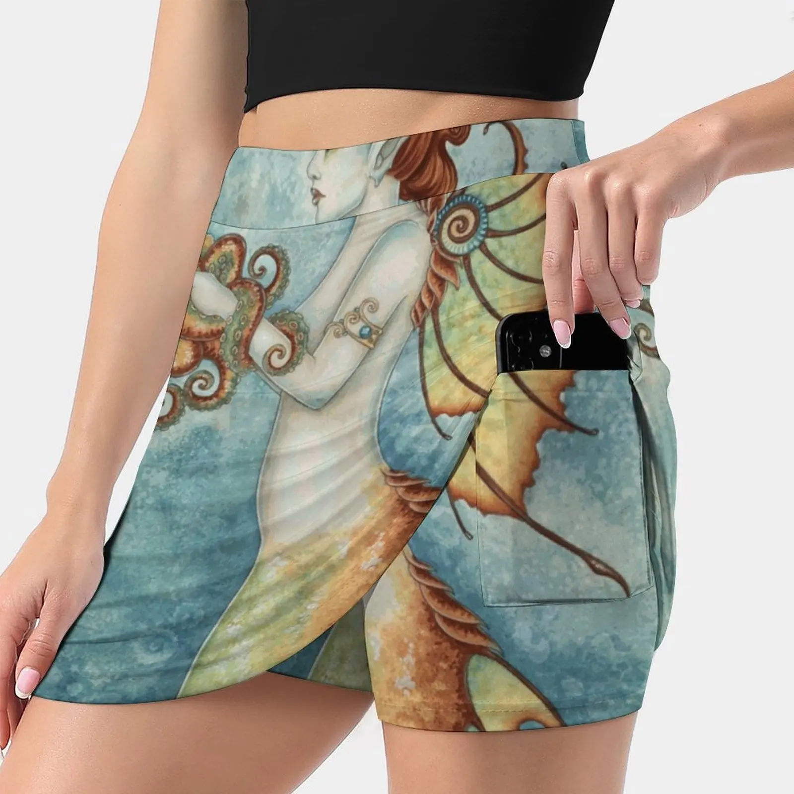 Mermaid And Octopus Trending Fashion Skirt Summer Printed Women Sport Skirts Double-Layer Athletic Mermaid Octopus Tentacles