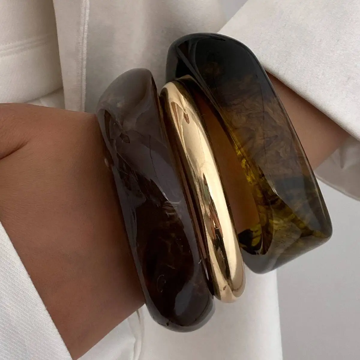 IngeSight.Z 3 أنماط خمر الشرير البني سميكة الراتنج الاكريليك تلطخ أساور النساء هندسية غير النظامية سوار أساور مجوهرات #2