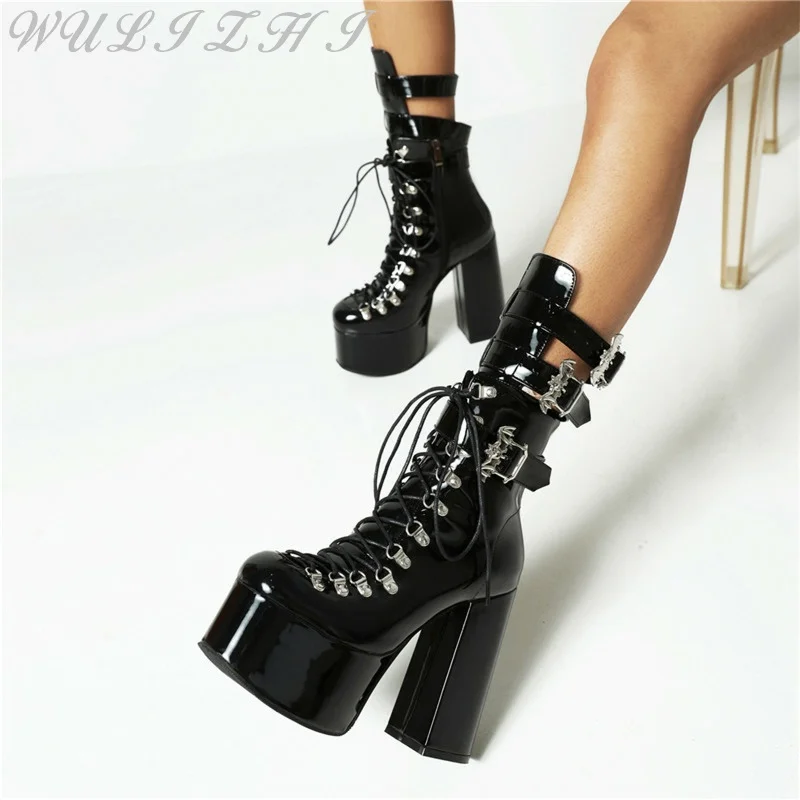 

Black Patent Leather Thick High Heel Boots Trendy Thick Soled Cross Strap Motorcycle Boots Women Belt Buckle Short Botas