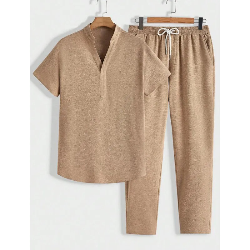 

Men's Two-piece Set Crinkled T-shirt Short Sleeve Sports Suit Pants Lightweight Summer Clothing Set