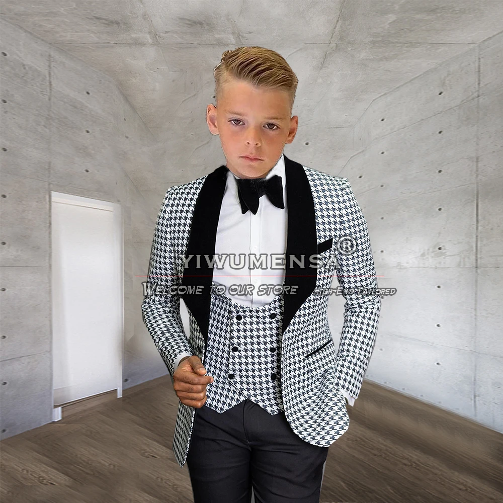 

Boy's Suits For Men Wedding White/Black Plaid Check Jacket+Vest+Pants 3 Pieces Formal Business Prom Party Kids Brithday Tuxedo