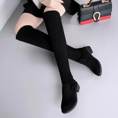 여성 부츠 겨울 블랙 무릎 부츠 2024 새로운 컴포트 레이스 업 Chunky 하이힐 신발 패션 따뜻한 스웨이드 라운드 발가락 부츠