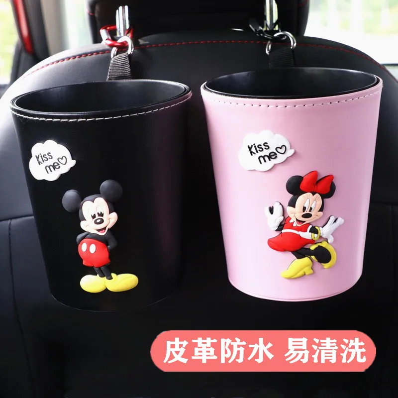 Disney Anime Figure Mickey Minnie Leather Car Trash Can Ornament Cute Cartoon Auto Seat Back Hanging Trash Can Decor Accessories