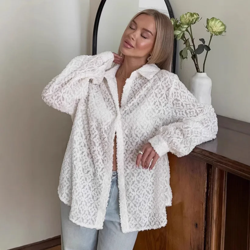 

Белая жаккардовая женская осенняя блузка с отложным воротником, однобортная женская рубашка, офисная верхняя одежда для женщин