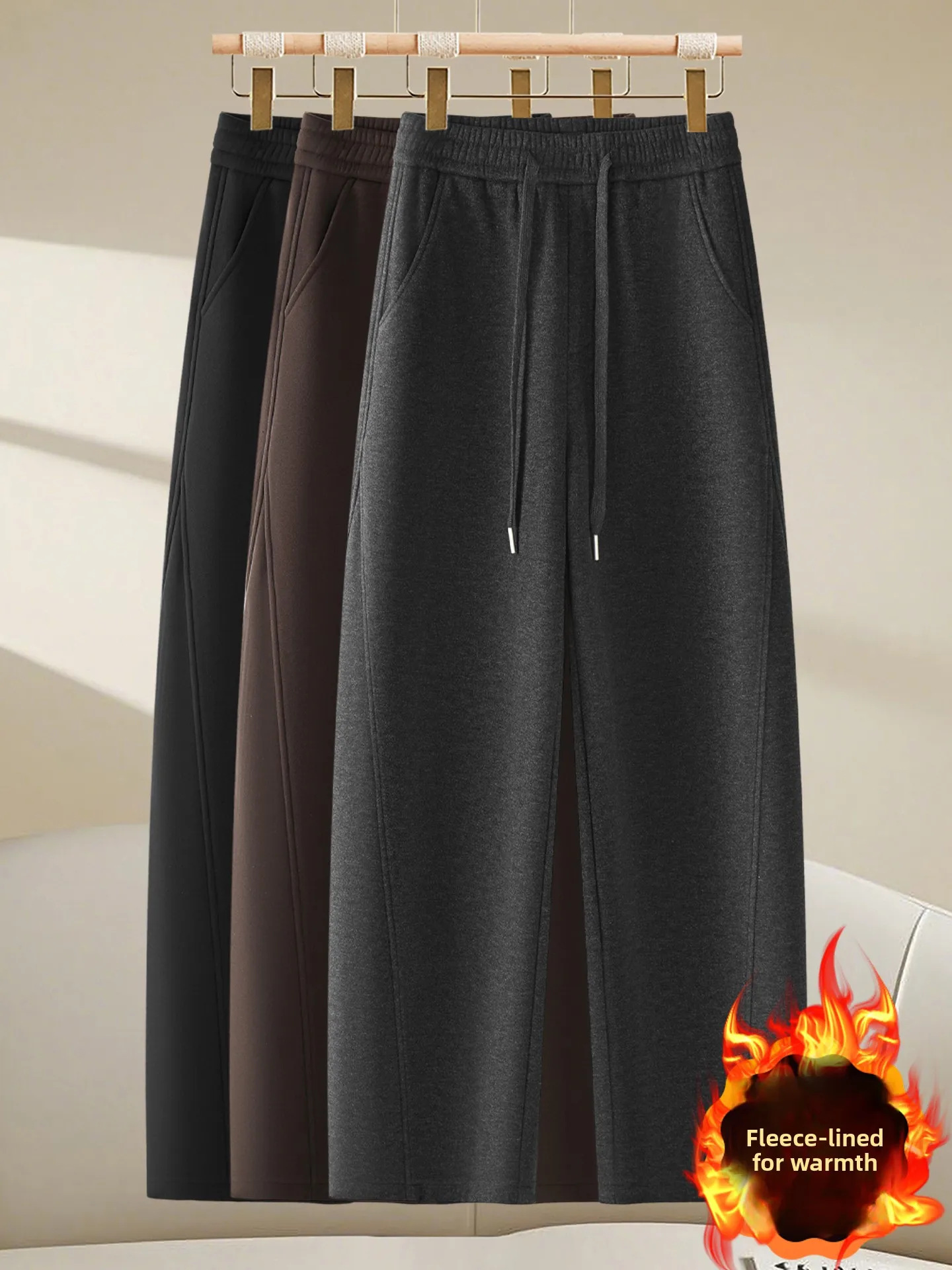 

High Waist Woolen Wide Leg Pants Women's Autumn Winter Loose Fit Fleece Lined Casual Trousers Banana Pants Comfortable Style