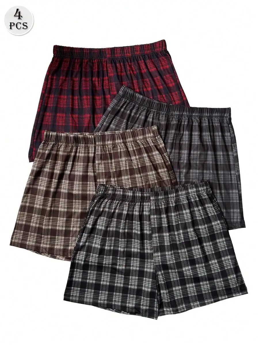 

4-Pack Men’s Breathable Plaid Boxer Shorts With Elastic Waistband, Loose Fit Casual Sleepwear Set