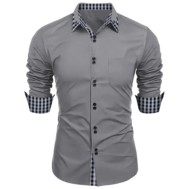 Camisa havaiana clássica masculina de mangas compridas, trespassado duplo, solta, monocromática, 6XL, negócios, escritório, nova, 11 cores