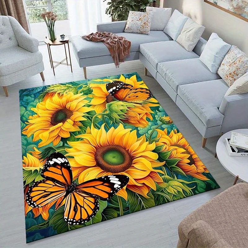 

Sunflower and Butterfly Theme Large Area Rug – Soft Polyester Crystal Velvet Carpet for Living Room, Bedroom, Outdoor, Patio, an
