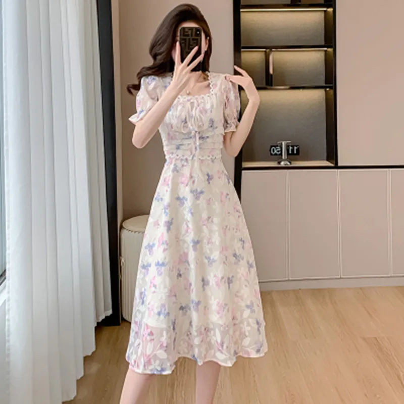 

Chiffon Floral Dress Women 2024 Summer New Puff Sleeves French Vintage Stylish Elegant Long Dress Female Fashion Clothing